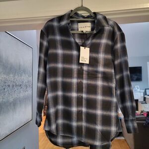 Lola River Women's Black & White Plaid Button Down Collard T-Shirt Size …